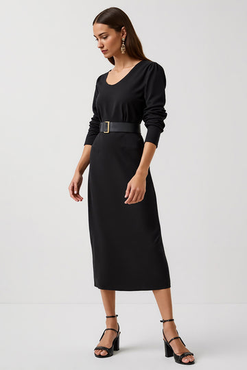 Sheath Black Scoop Neck Work Dress with Belt